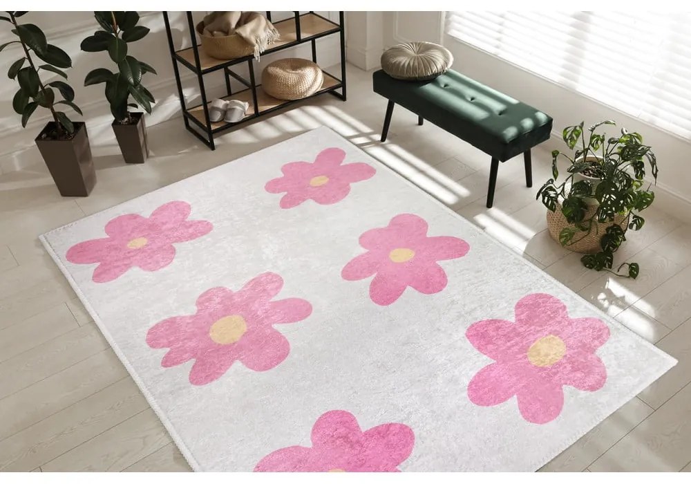 Детски килим подходящ за пране розово и цвят слонова кост 120x180 cm Cute Flowers Pink – Vitaus
