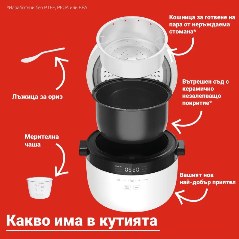 Уред за приготвяне на ориз Instant Pot Rice Cooker 20 140500301, 860W, 5 л, 8 програми, CarbReduce, Без BPA/PFOA/PTFE, Бял