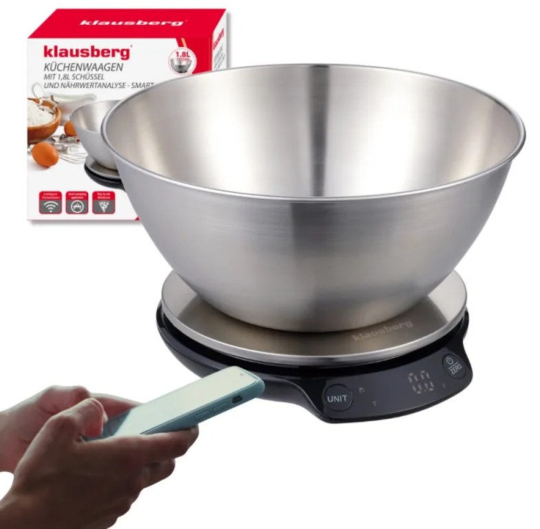 Кухненска везна с купа Klausberg KB 7939, 5 Kg, Bluetooth, Мобилно приложение, LED, ТАРА, Течности, 4 хранителни стойности, Инокс