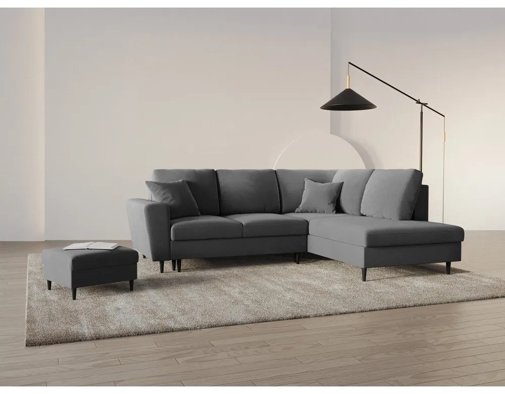 Светлосив кадифен разтегателен ъглов диван с място за съхранение (десен ъгъл/L форма) Kyoto – Cosmopolitan Design