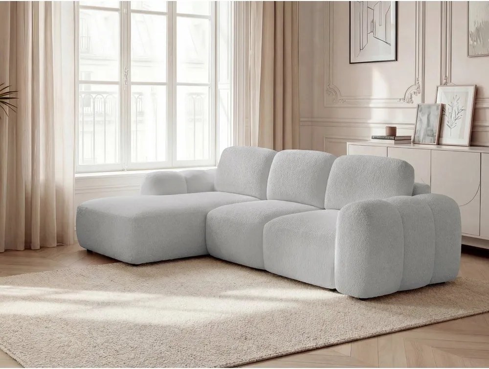 Светлосив сгъваем/с място за съхранение ъглов диван от прежда с примки от букле (ляв ъгъл) Montaigne – Bobochic Paris