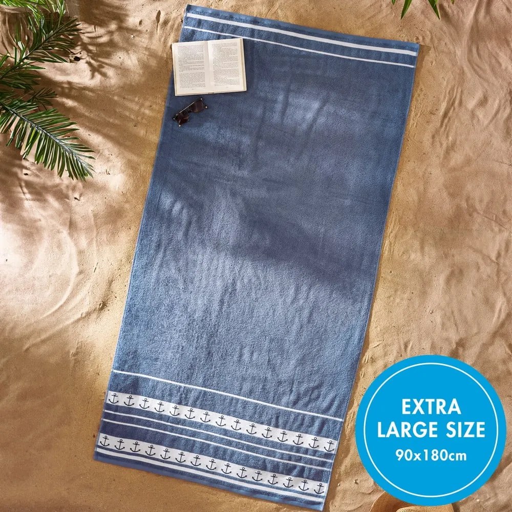 Синя памучна плажна кърпа 90x180 cm Anchors – Catherine Lansfield