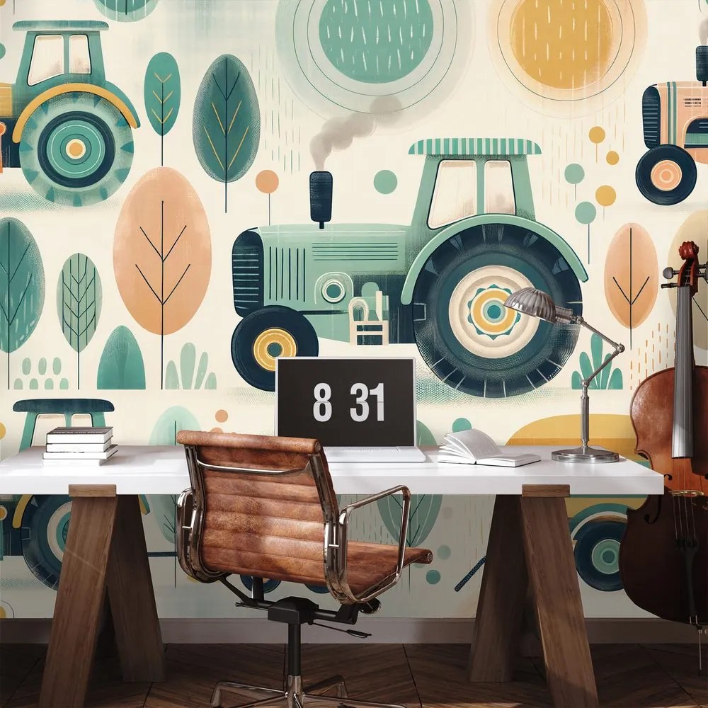 Тапет – Детски трактори в пастелни цветове