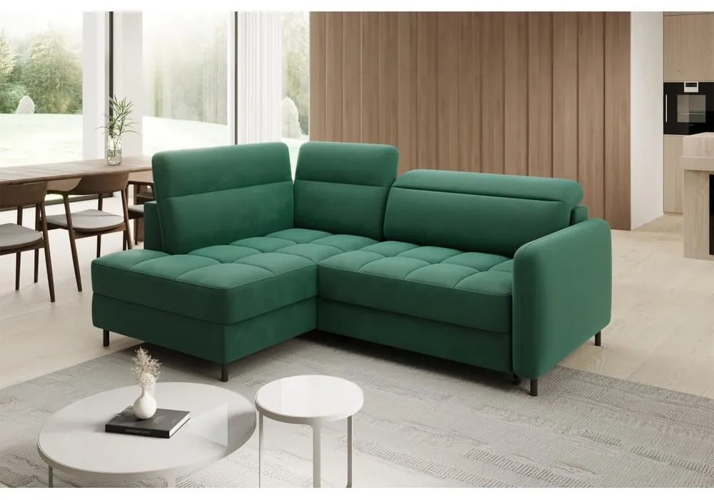 Зелен кадифен разтегателен ъглов диван с място за съхранение (ляв ъгъл L форма) Barea – ELTAP