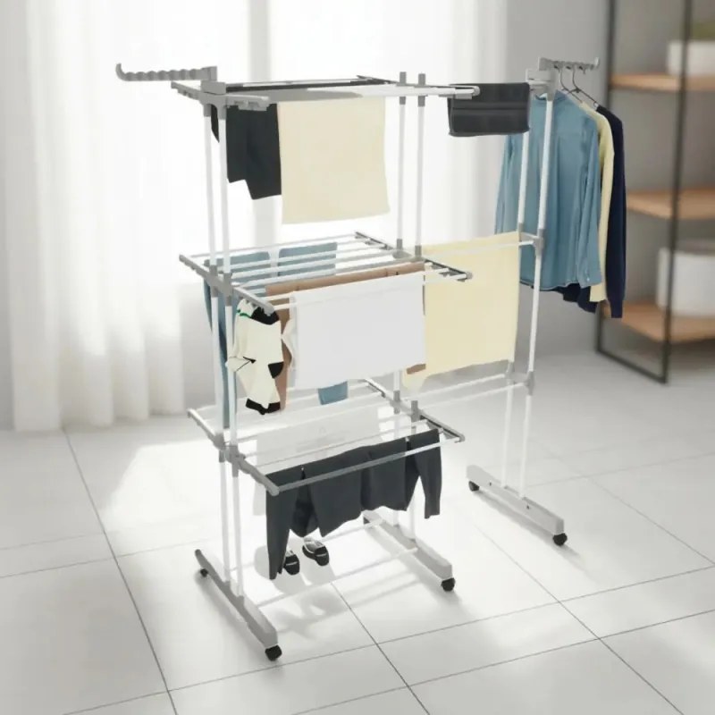 Сушилник за дрехи Kinghoff KH 2044, 30 м, До 30 кг, 3 нива, Колелца, Стомана, Бял/сив