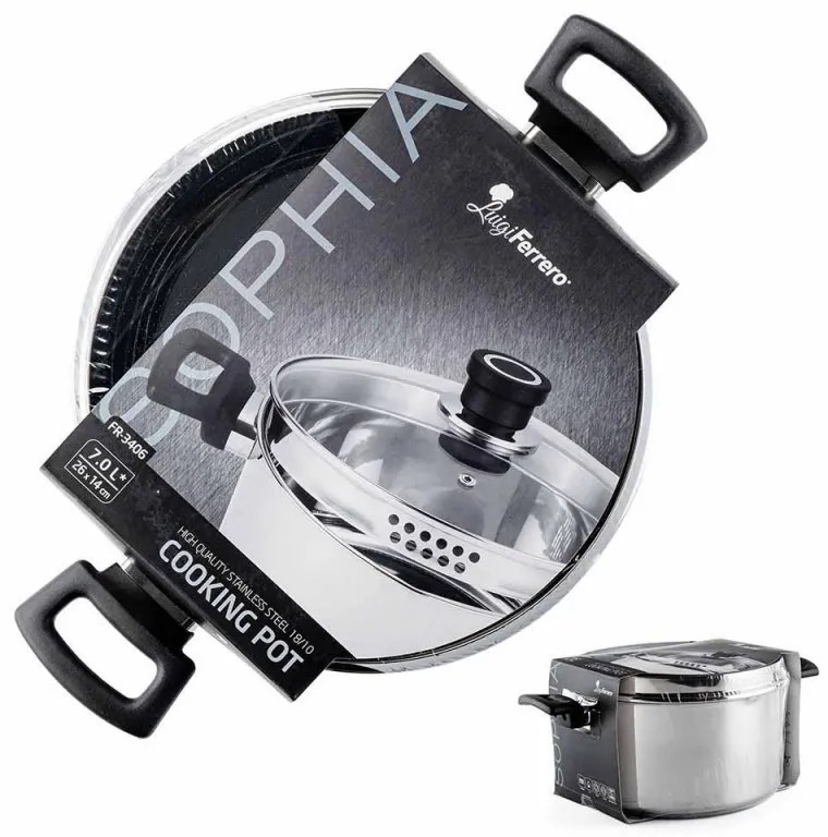 Тенджера Luigi Ferrero Sophia FR-3406, 26x14 см, 7 л, Стомана 18/10, Стъклен капак, Индукция, Инокс