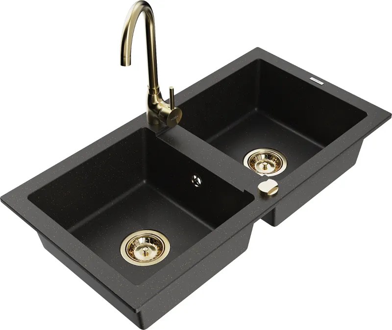 Mexen Mario двукоморна гранитна мивка с кухненски смесител Telma, черен/златен - 6504-75-670200-50
