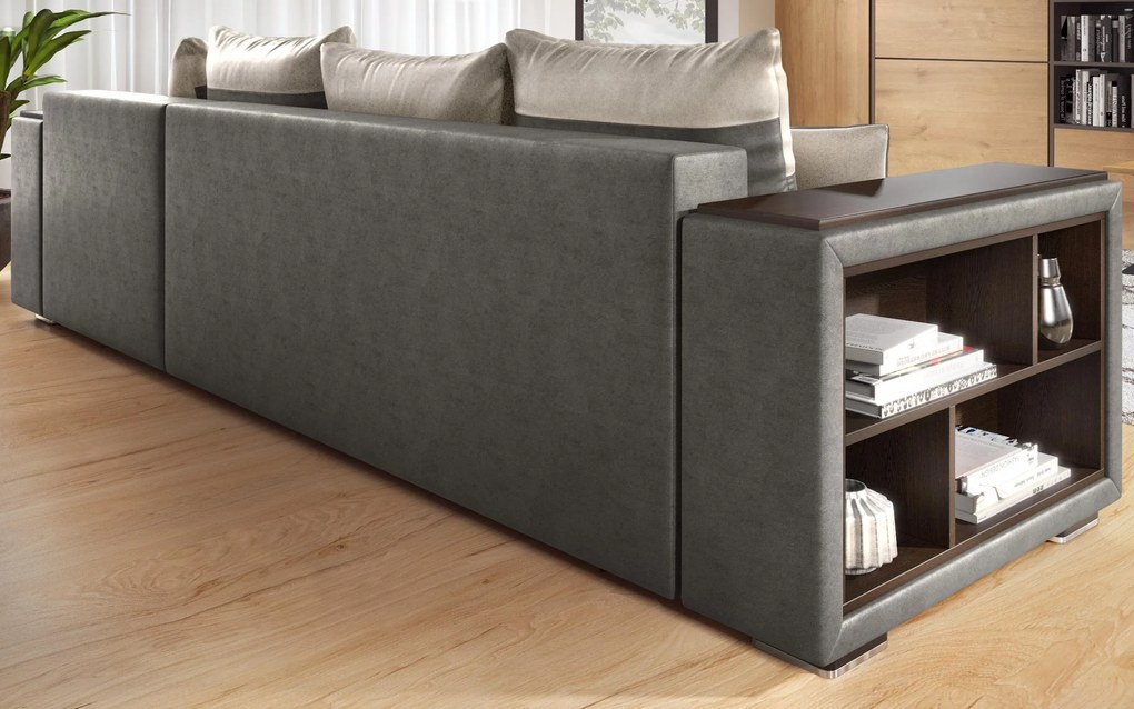 Разтегателен ъглов диван с подлакътник етажерка Мелвин