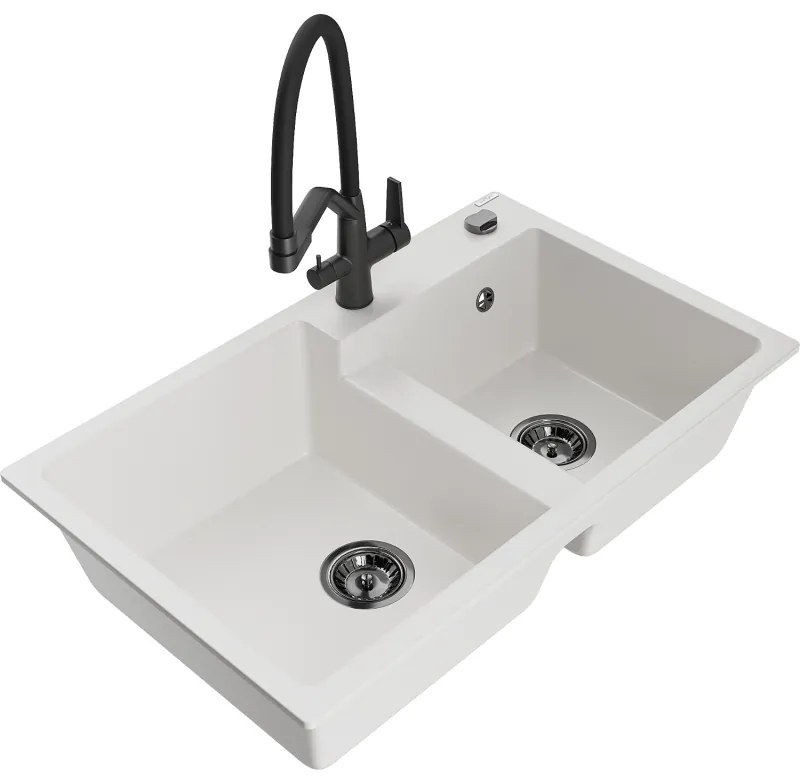 Mexen Tomas кухненска мивка от гранит с 2 отделения и смесител Duo, бял - 6516-20-671701-70-B