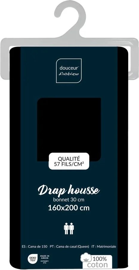 Черен еластичен памучен чаршаф 160x200 cm Lina – douceur d'intérieur