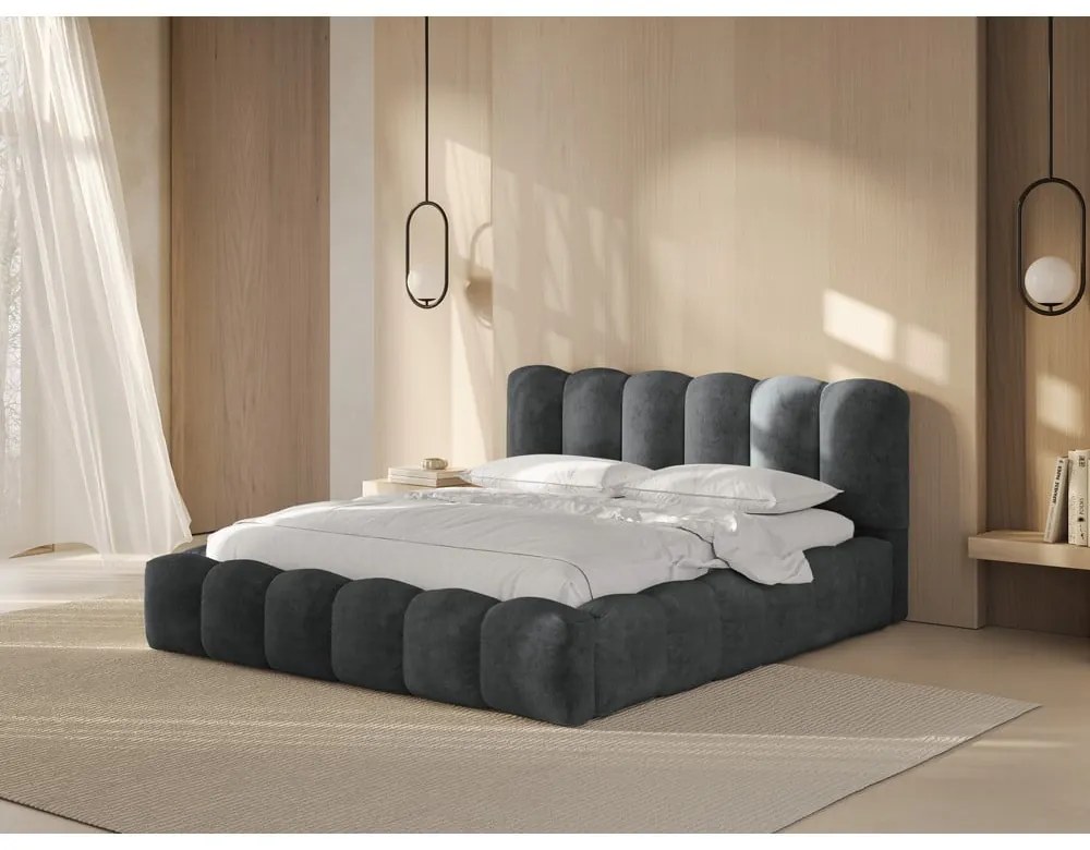 Сиво тапицирано двойно легло с място за съхранение с включена подматрачна рамка 160x200 cm Lupine – Micadoni Home