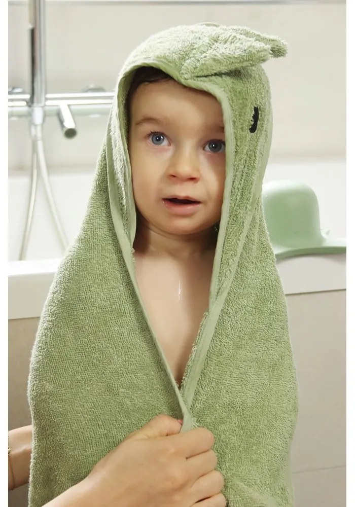 Зелена памучна детска хавлия с качулка 75x75 cm Dinosaur – Kindsgut