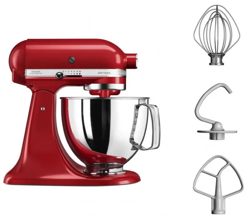 Планетарен миксер KitchenAid Artisan Elegance 5KSM125EER, 300 W, 4.8 л, Direct drive, 10 скорости, Червен