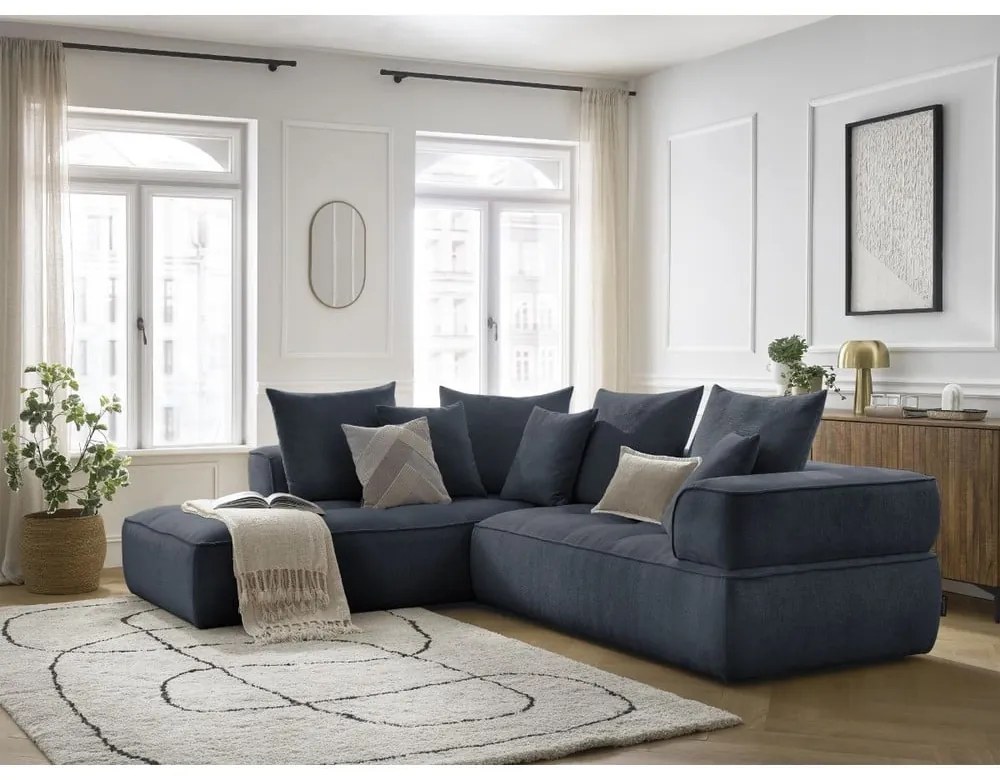 Тъмносин шенилов ъглов диван (ляв ъгъл/L форма) Whesley – Bobochic Paris