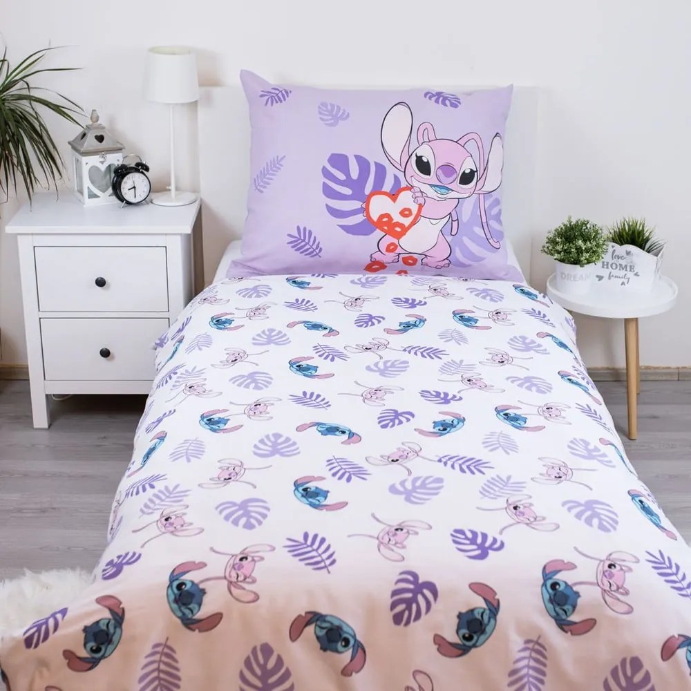 Лилаво единично памучно детско спално бельо 140x200 cm Lilo and Stitch "Kiss" – Jerry Fabrics
