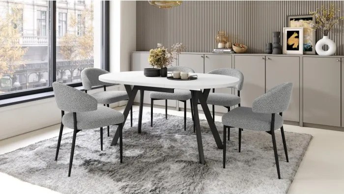 АЛMО Бял мат/черни крака - КРЪГЛА РАЗТЕГАТЕЛНА МАСА С Y-ОБРАЗНИ КРАКА В ЛОФТ/ИНДУСТРИАЛЕН СТИЛ ЗА ХОЛ ИЛИ ТРАПЕЗАРИЯ