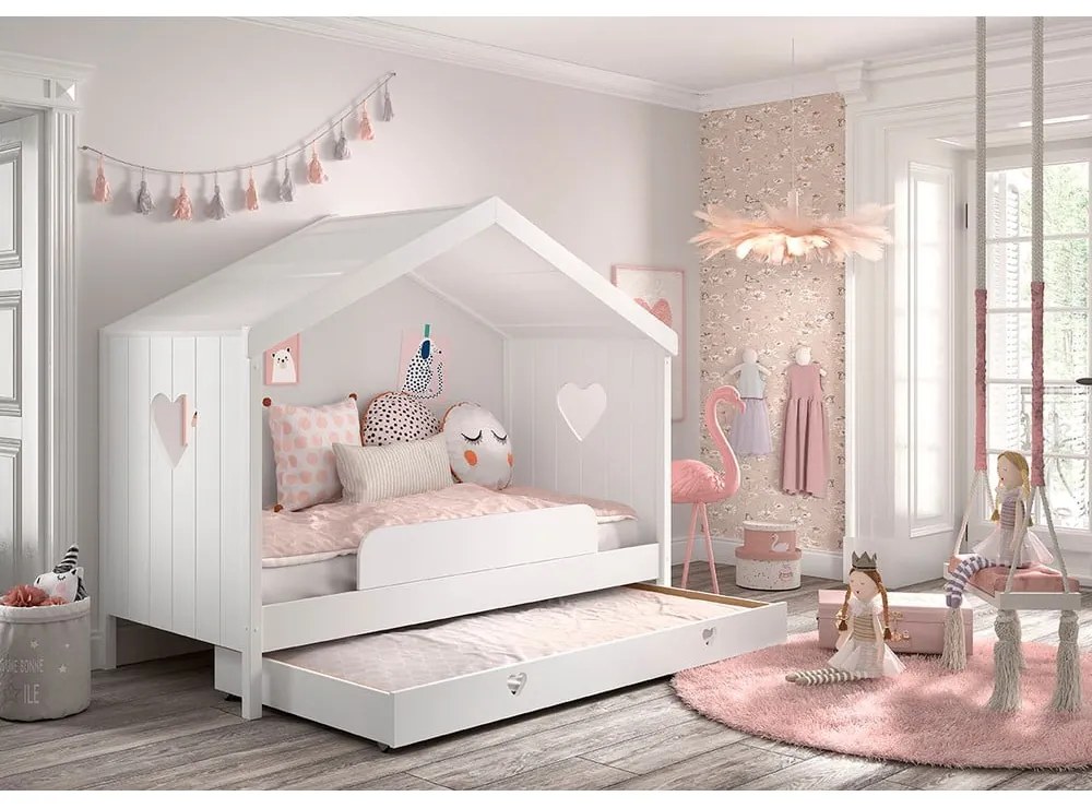 Бяло разтегателно детско легло къща от масивен бор с място за съхранение 90x200 cmAMORI – Vipack