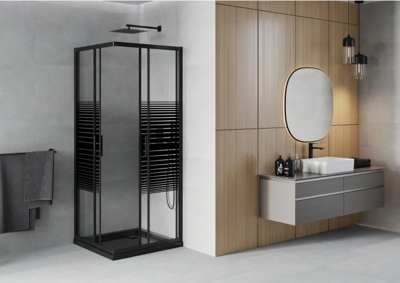 Mexen Rio квадратна душ кабина 70 x 70 см, черни ленти, черна + тава Flat, черна - 860-070-070-70-20-4070B