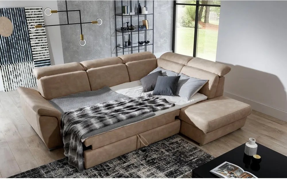 Бежов кадифен разтегателен ъглов диван с място за съхранение (десен ъгъл L форма) Loreto – ELTAP