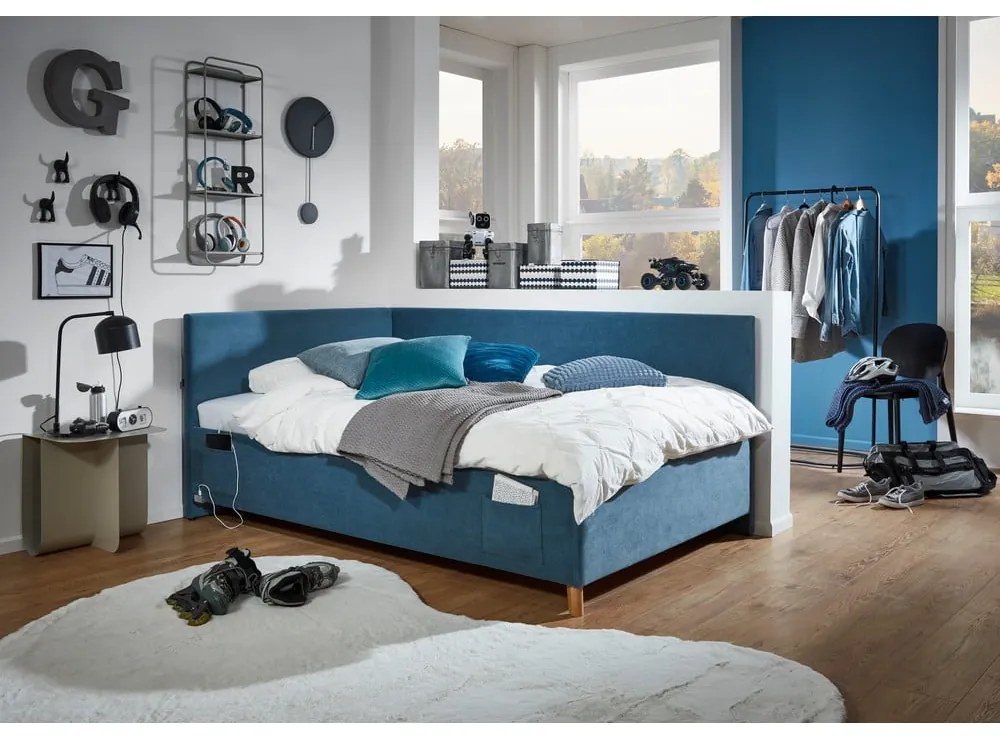 Синьо тапицирано ъглово детско легло 120x200 cm с място за съхранение с включена подматрачна рамка Cool – Meise Möbel