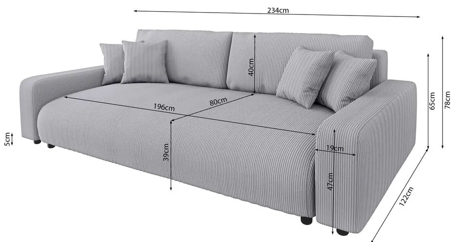 Светлосив разтегателен диван с място за съхранение от рипсено кадифе 234 cm Sara – Ropez