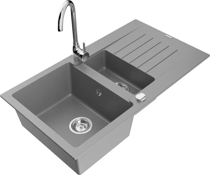 Mexen Matias гранитна мивка 1,5-камерна с отцедник и кухненски смесител Telma, сив - 6502-71-670200-00