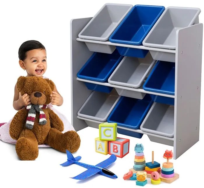 Рафт за детски играчки с 9 пластмасови кутии - синьо-сив