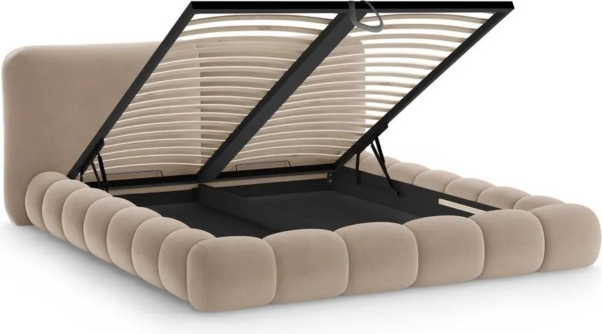 Светлокафяво тапицирано двойно легло с място за съхранение и включена подматрачна рамка 180x200 cm Solange – Micadoni