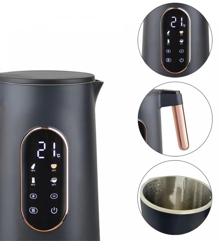 Електрическа кана Klausberg KB 7892, 2200W, 1.7 л, 13 настройки, 4 програми, LED дисплей, Въртяща се основа, Черен/Розово злато