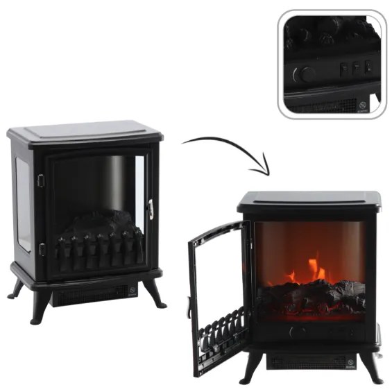 Свободностояща черна електрическа камина с ефект на пламък - 900/1800 W