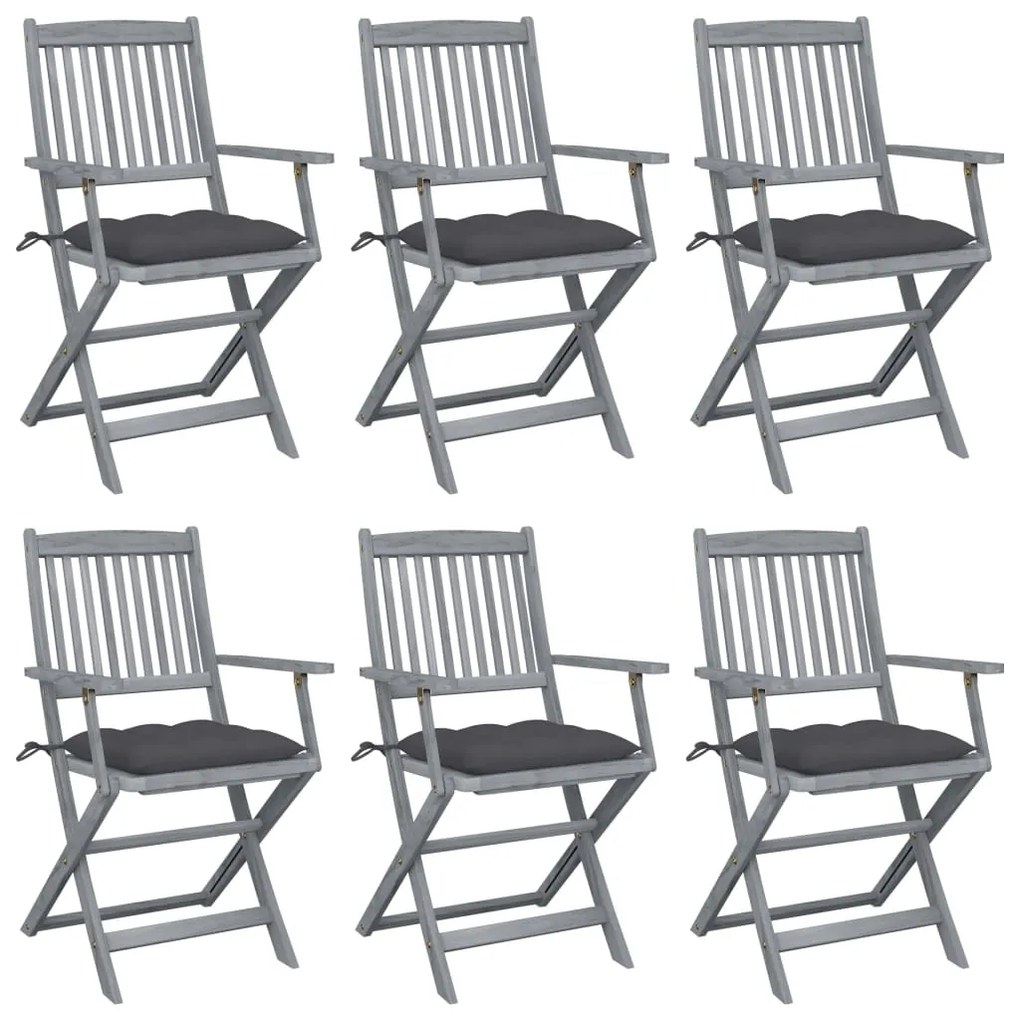 3065422 vidaXL Сгъваеми градински столове, 6 бр, с възглавници, акация масив