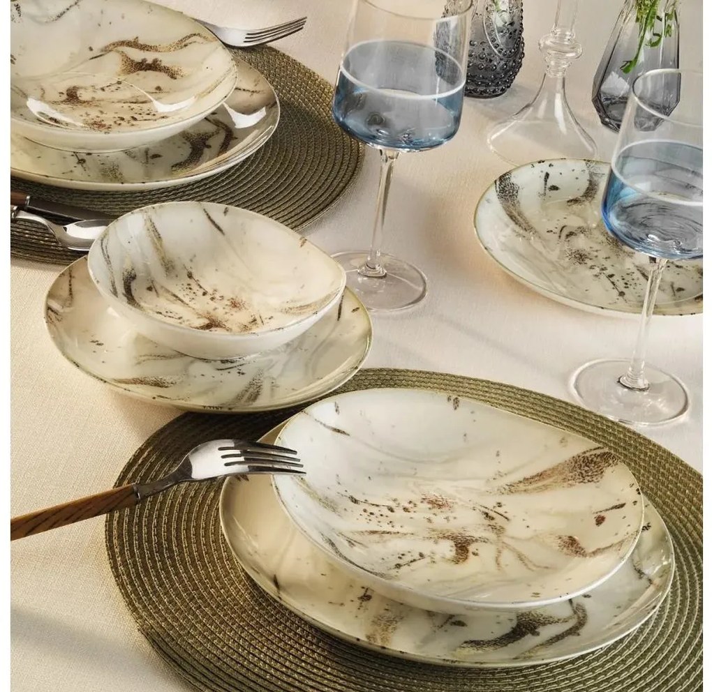 Сервиз за хранене 24 части, бял/кафяв, порцелан