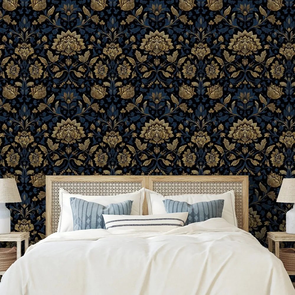 Самозалепващ тапет – Златни цветя на тъмен фон