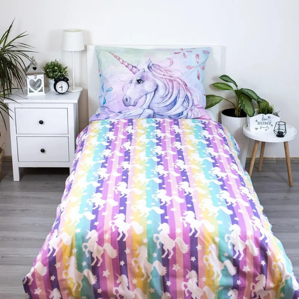 Единично памучно детско спално бельо 140x200 cm Unicorn "Pastel Rainbow" – Jerry Fabrics