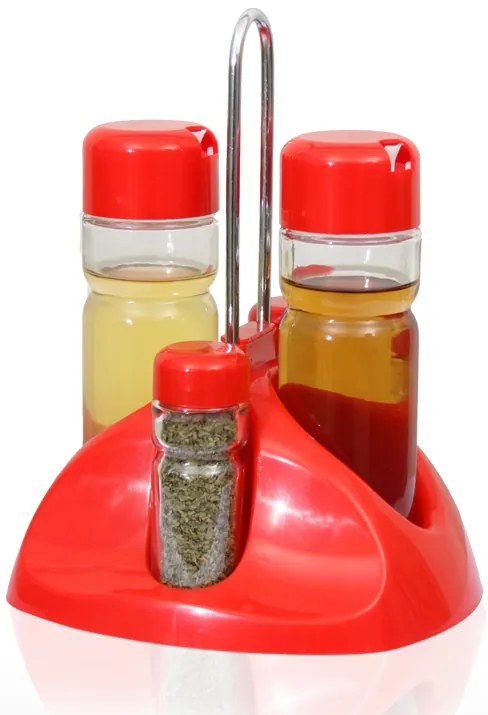 Horecano - Стъклен оливерник на пластмасова стойка 160мл + 35мл червен - с хромирана дръжка COLOR LINE (407C)