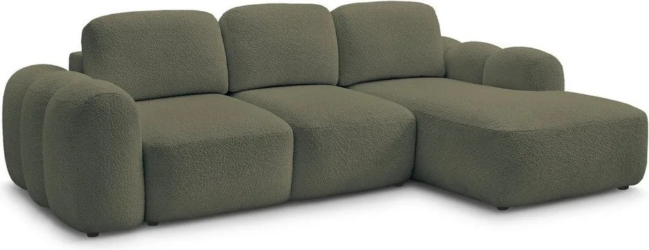 Зелен сгъваем/с място за съхранение ъглов диван от прежда с примки от букле (десен ъгъл) Montaigne – Bobochic Paris
