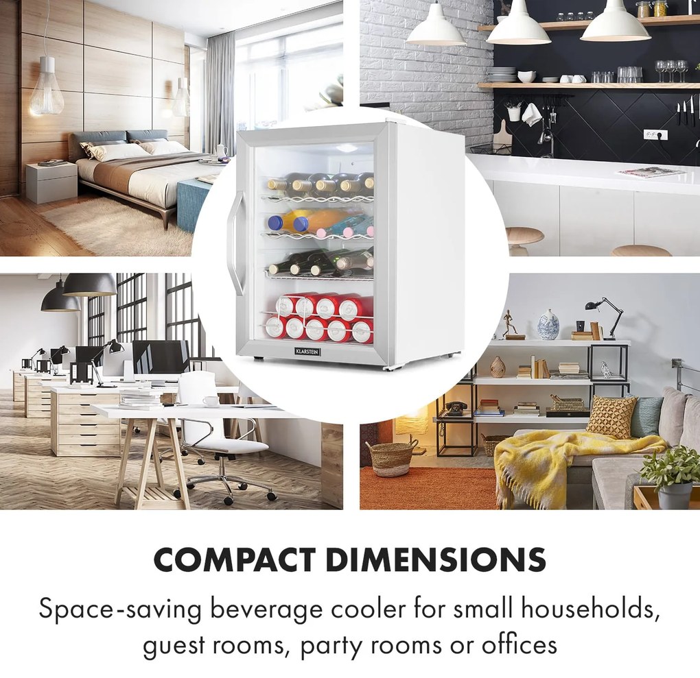 Klarstein Beersafe XL Crystal White, хладилник, D, 60 л, LED, стъклена врата, бяло/сребристо