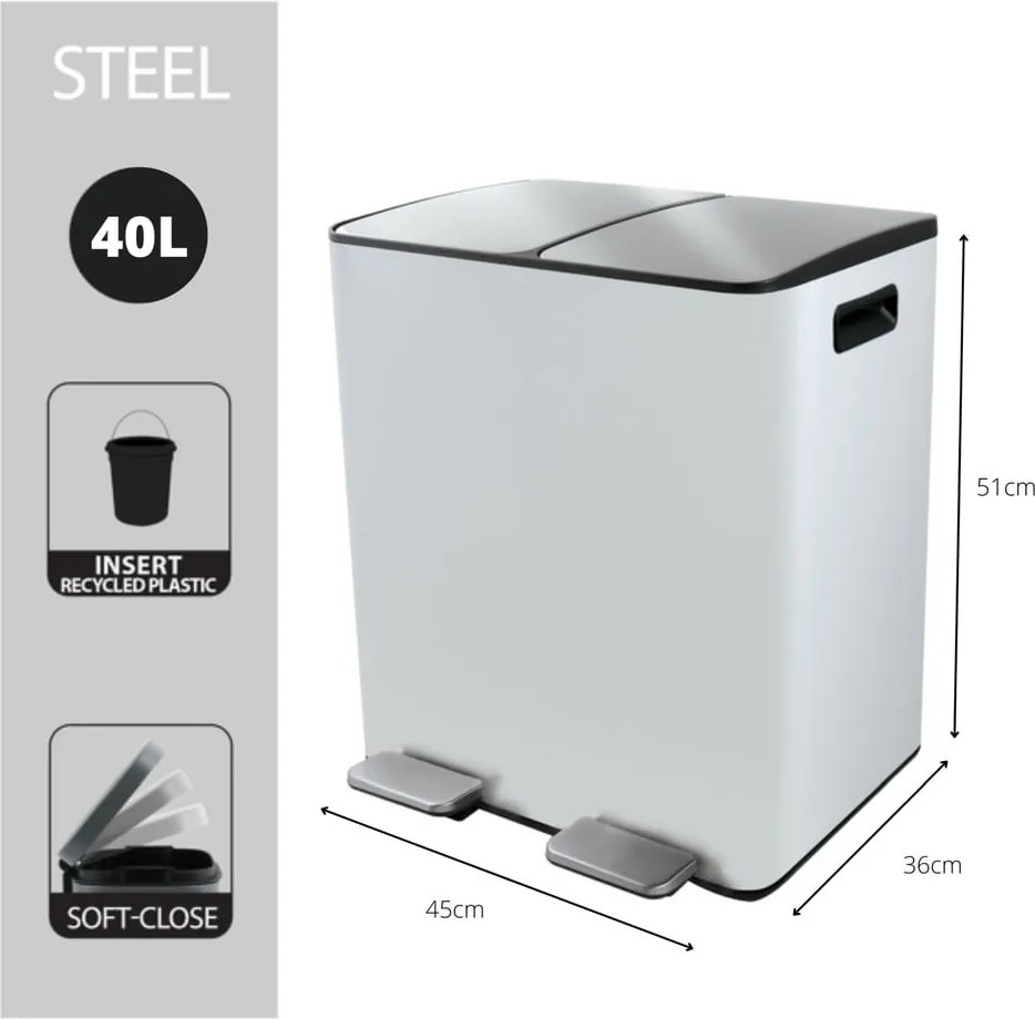 Стоманено кошче за боклук 2x20 l за рециклиране с педал в матово бял цвят Aliya – Spirella