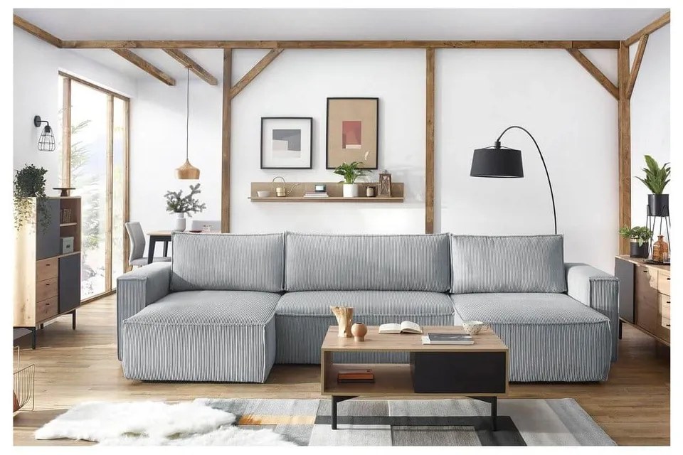 Светлосив велурен U-образен разтегателен диван Nihad - Bobochic Paris