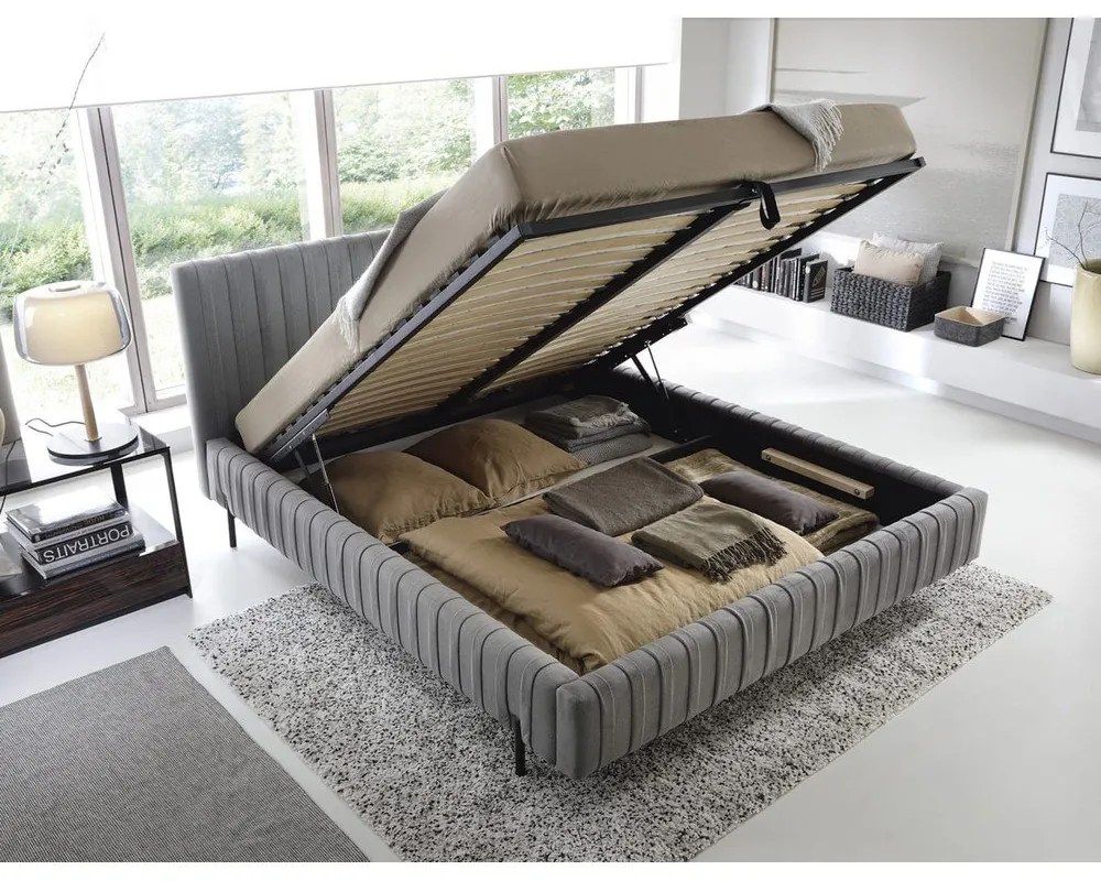 Сиво двойно тапицирано легло с място за съхранение и включена подматрачна рамка 160x200 cm Plissa – ELTAP