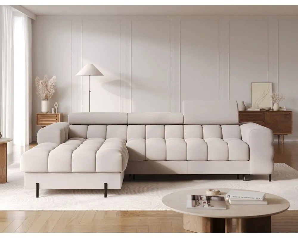 Бежов кадифен разтегателен ъглов диван с място за съхранение (ляв ъгъл) Felro – ELTAP