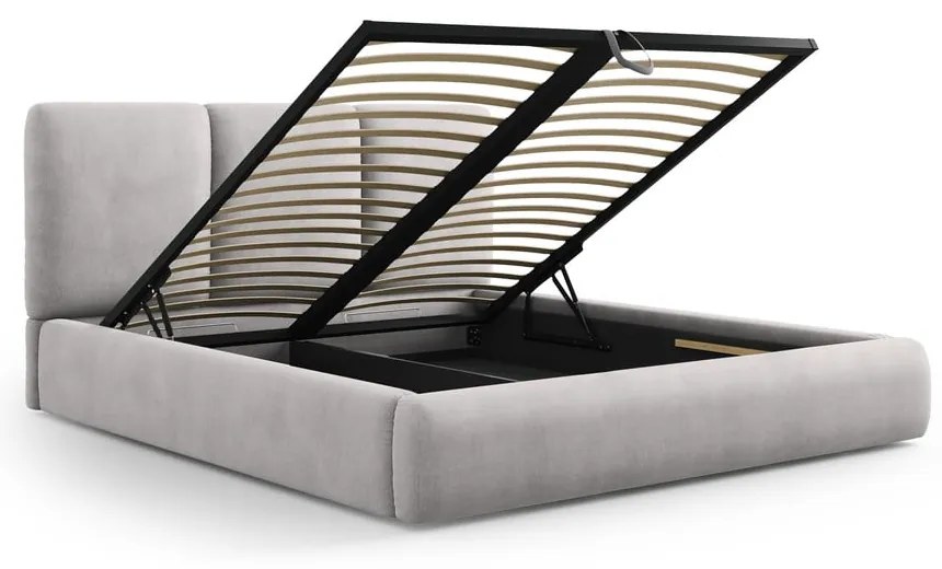 Светлосиво тапицирано двойно легло с място за съхранение с включена подматрачна рамка 140x200 cm Brody – Mazzini Beds