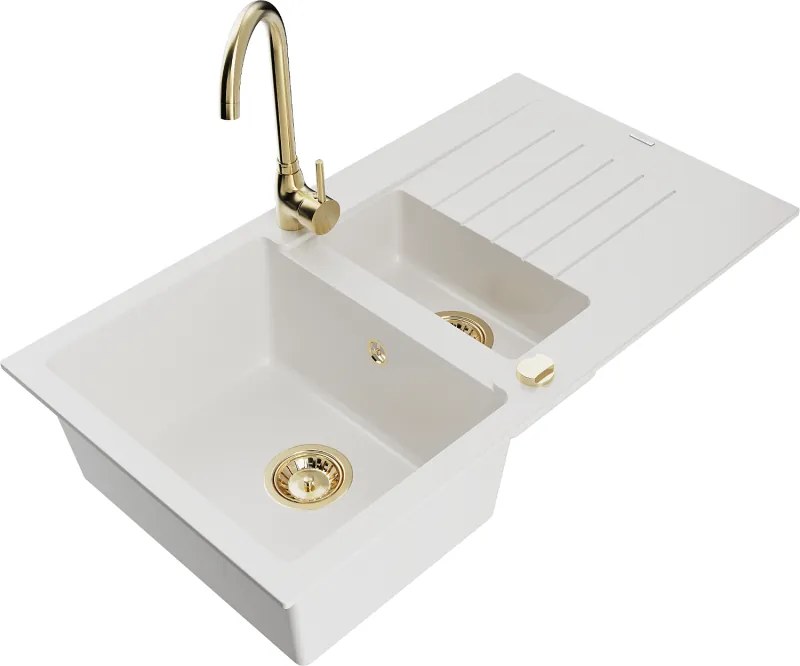 Mexen Matias мивка от гранит с 1,5 камери с отцедник и кухненски смесител Telma, бял - 6502-20-670200-50