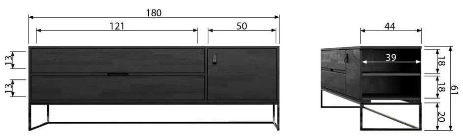 Черна маса за телевизор от масивен ясен 180x61x44 cm Silas – WOOOD