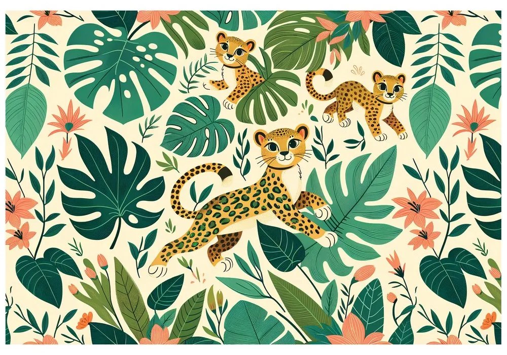 Самозалепващ тапет – Сладки леопардови малки в джунглата