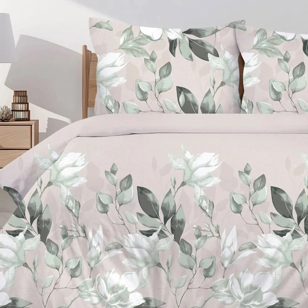 Премиум памучно спално бельо - бежово със зелени цветя Ширина: 140 см | Дължина: 200 см