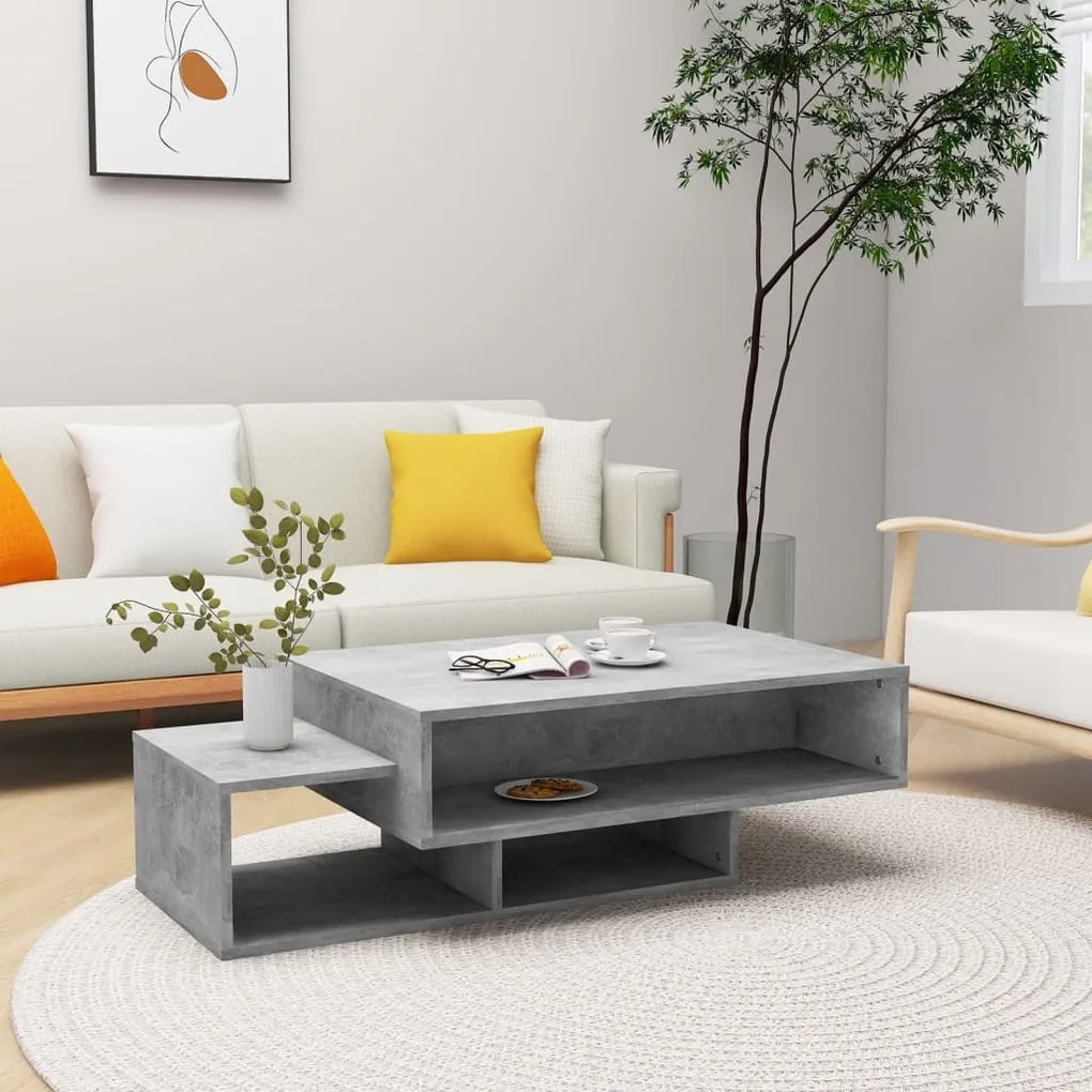 808526 vidaXL Маса за кафе, бетонно сива, 105x55x32 см, инженерно дърво
