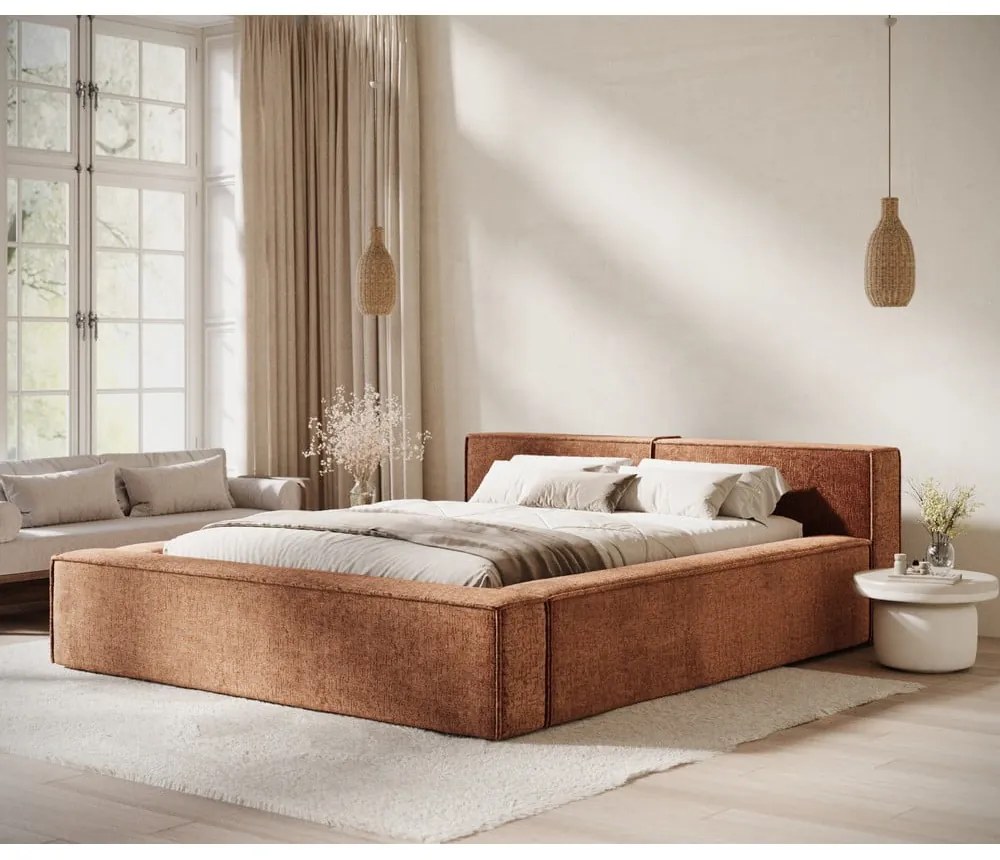 Оранжево двойно легло 140x200 cm тапицирано с място за съхранение с включена подматрачна рамка Voliera – Maison de Rêve