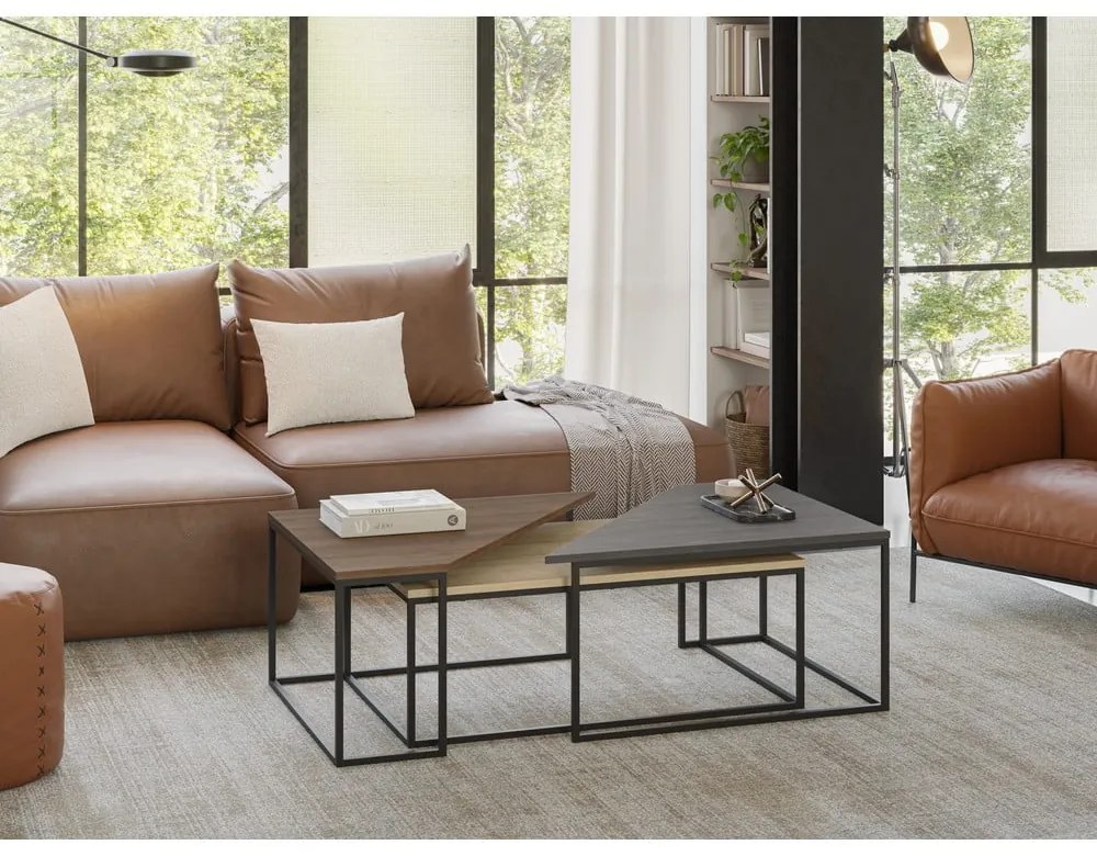 Масички за кафе в комплект от 3 броя с плот от орехово дърво в естествен цвят 70x110 cm Titan - Marckeric