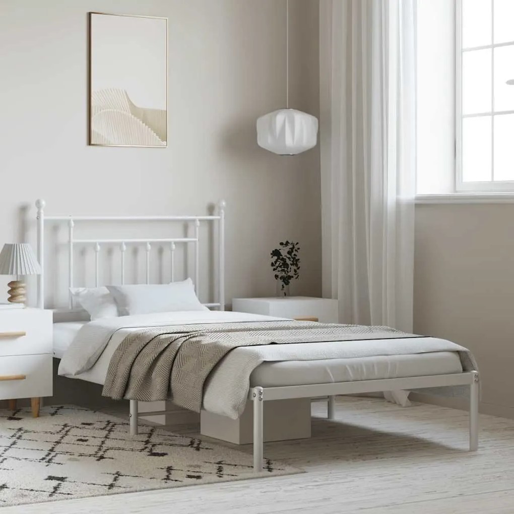 353580 vidaXL Метална рамка за легло с горна табла, бяла, 100x190 см